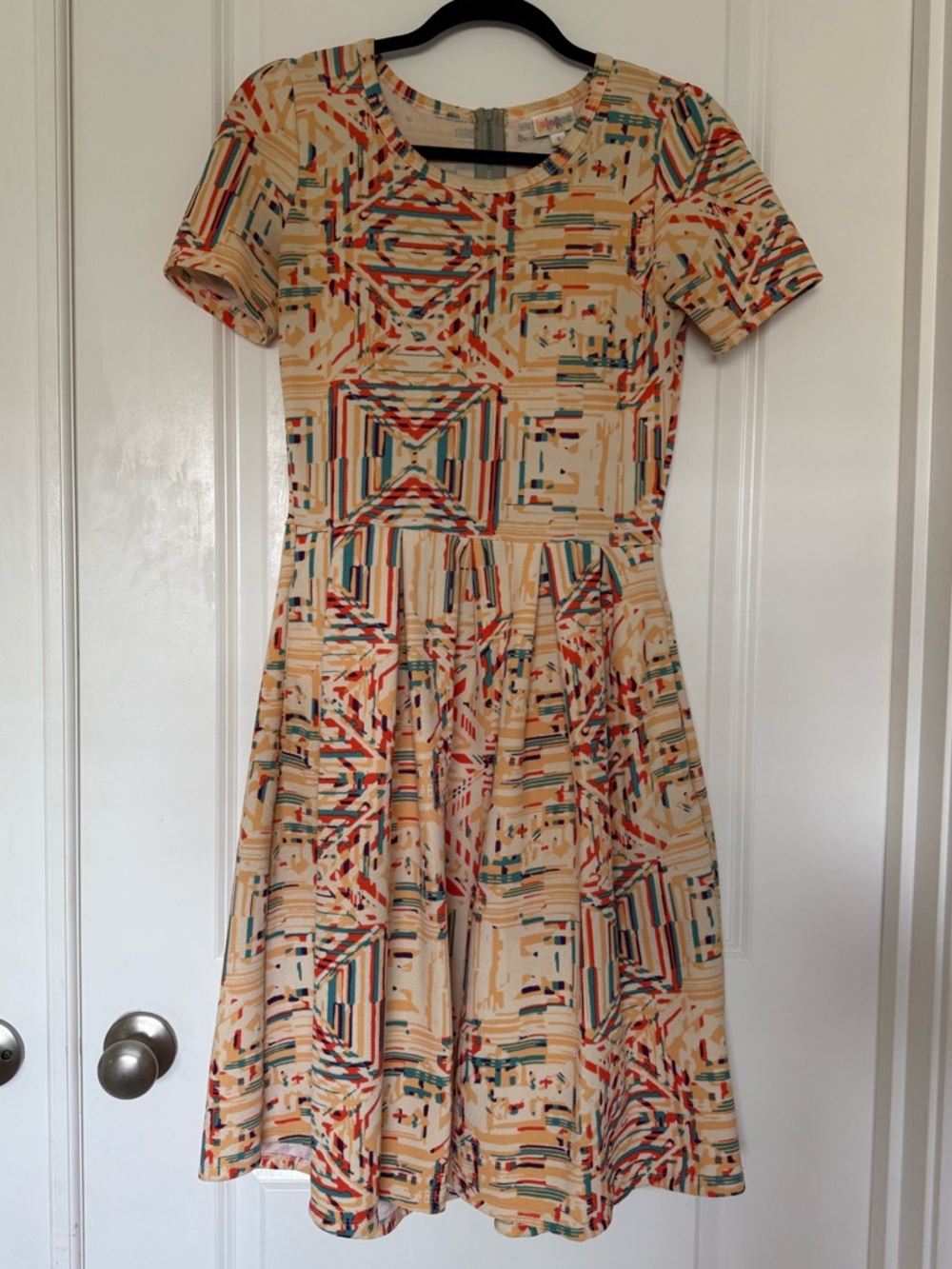 LuLaRoe Cream Dress with Red, Green & Blue Geometric Print